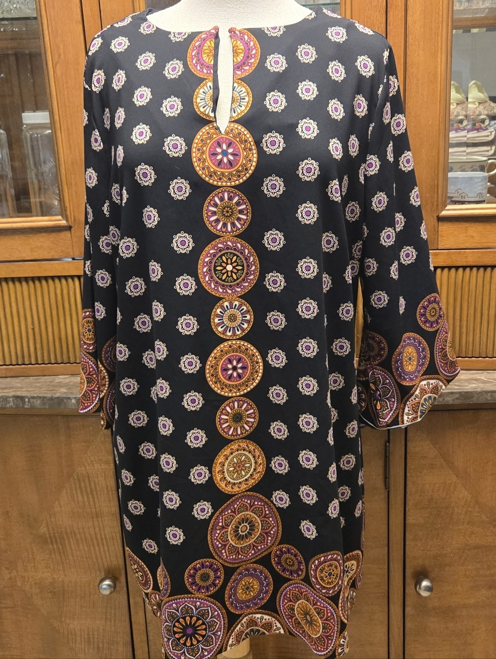 Nicole : Black Patterned Shift Dress with Pink & Gold Medallions